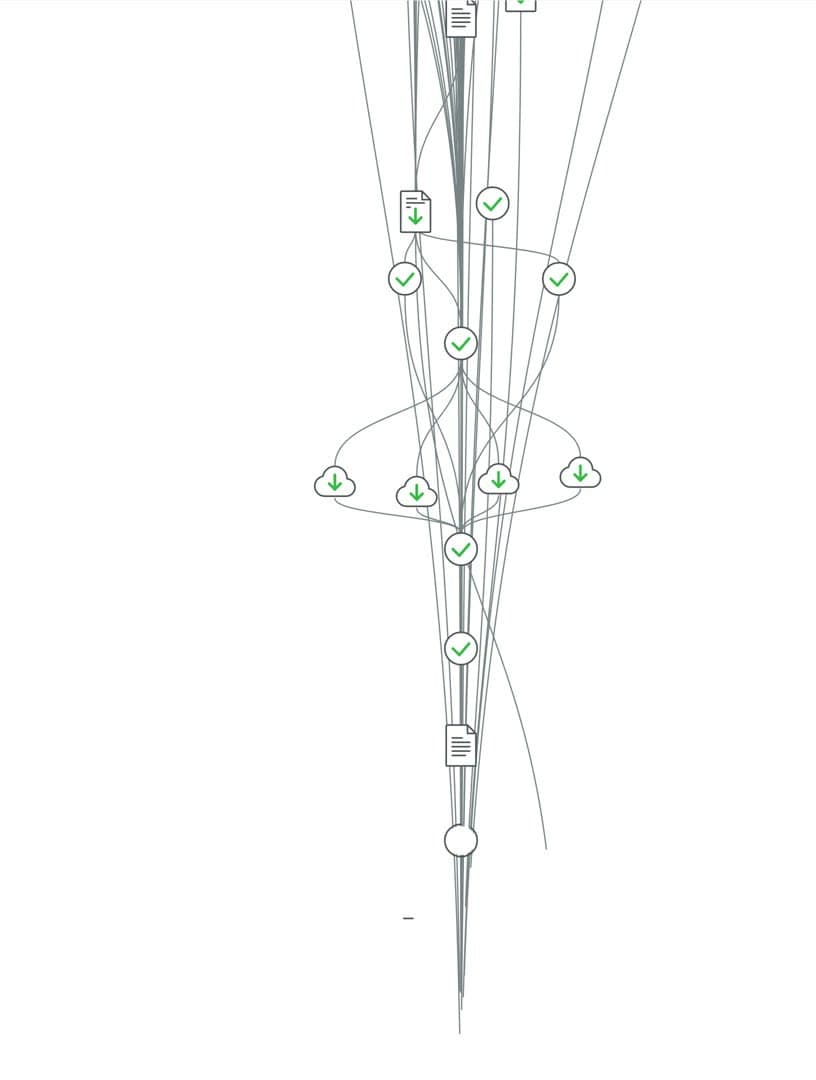 Animation of the LoanFlow orchestration graph: a borrower's application fans out into hundreds of dependency-ordered tasks that verify and complete until the loan closes on a home